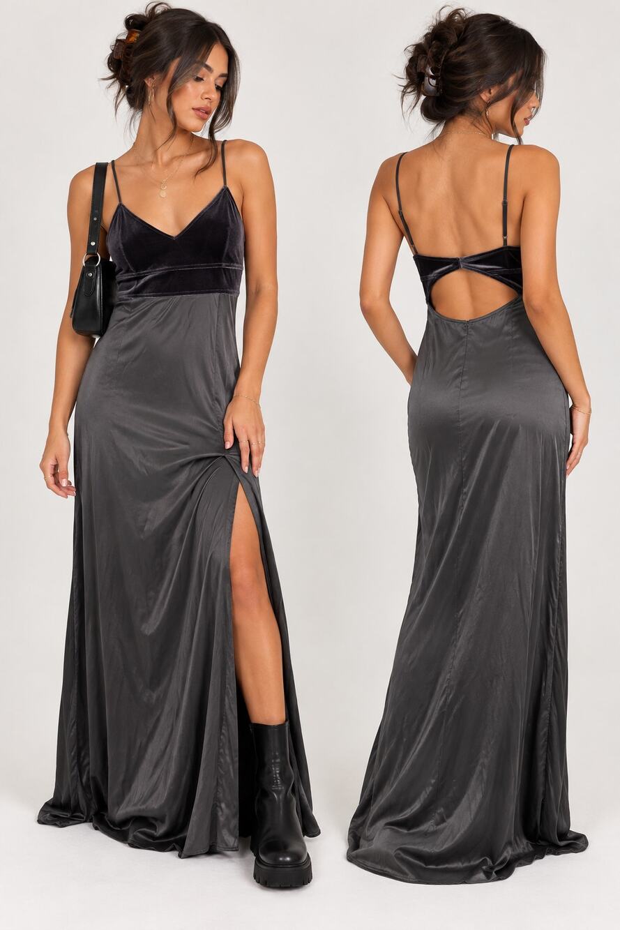 Leith XS Gray Velvet Satin Maxi Slip Dress Open Back Side Slit 90s Y2K
